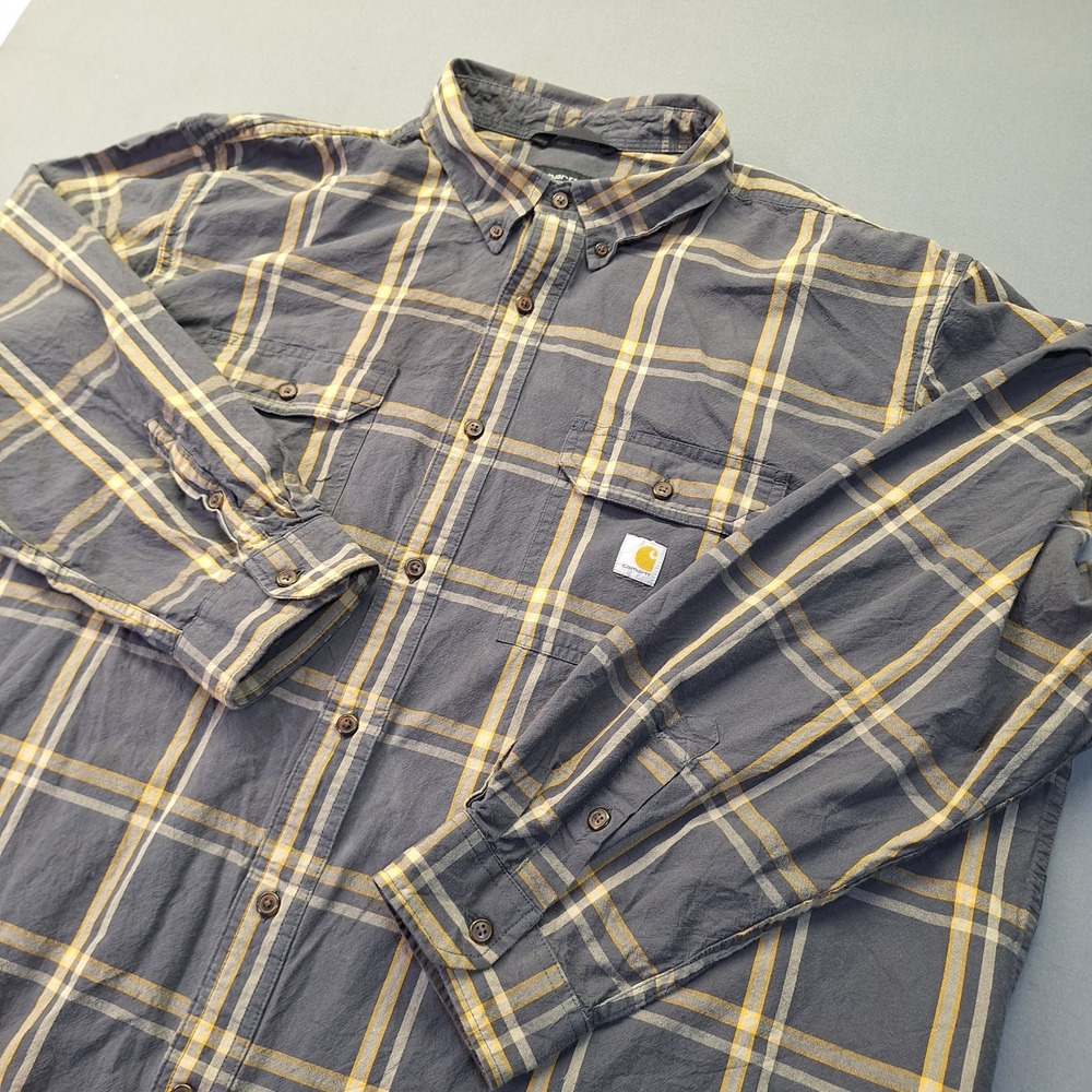 Carhartt Mens 3XL Loose Fit Plaid Button Down Shirt Navy Yellow TW4447-M